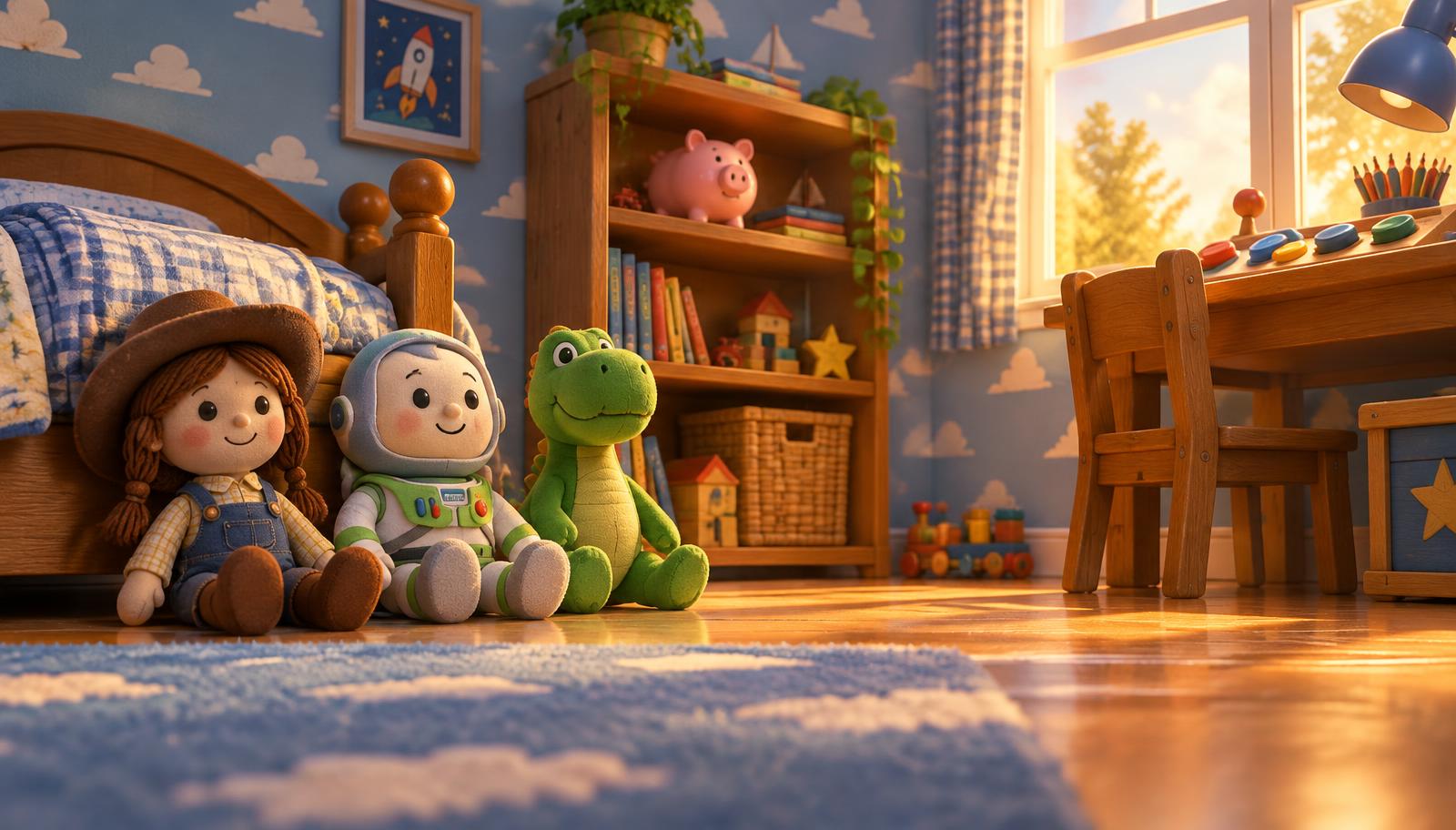 Quarto de brinquedos com papel de parede de nuvens
